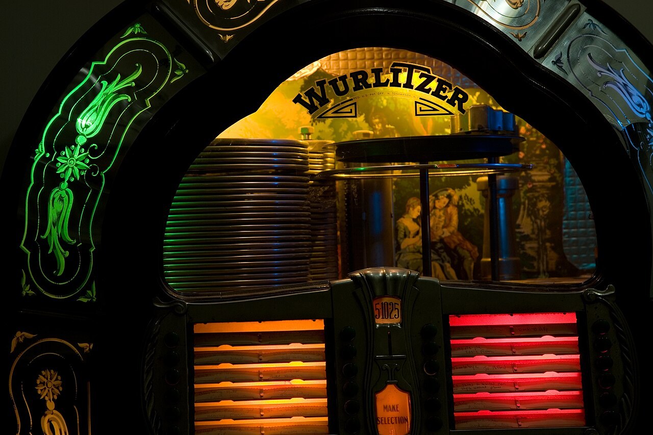 The illuminated detail of a 1947 Wurlitzer model 1080 jukebox.